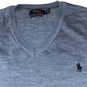 Polo Ralph Lauren Mens XL Heather Blue Merino Wool V Neck Sweater